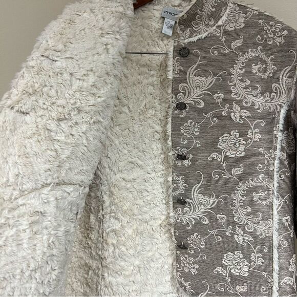 Chicos tan/neutral tapestry jacket faux fur lining Sz M - Picture 2 of 7